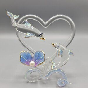 Handcrafted Glass Dolphin Figurine Sparkly Flower Accent Love Valentine Gift